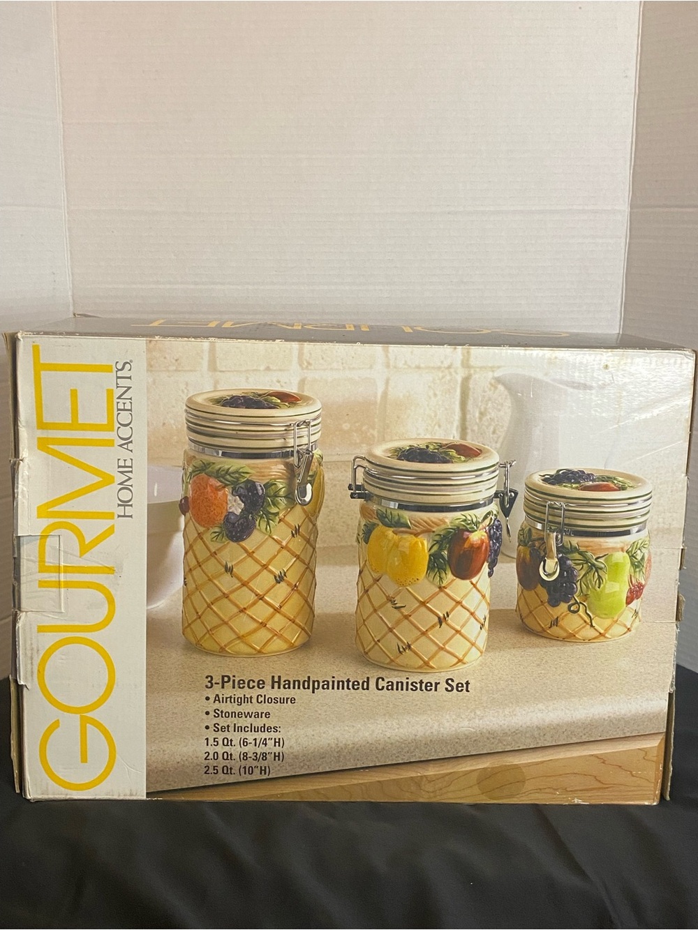 Vintage Gourmet 3 Piece Hand Printed Canister Set with Lids NIB Never Used Rare